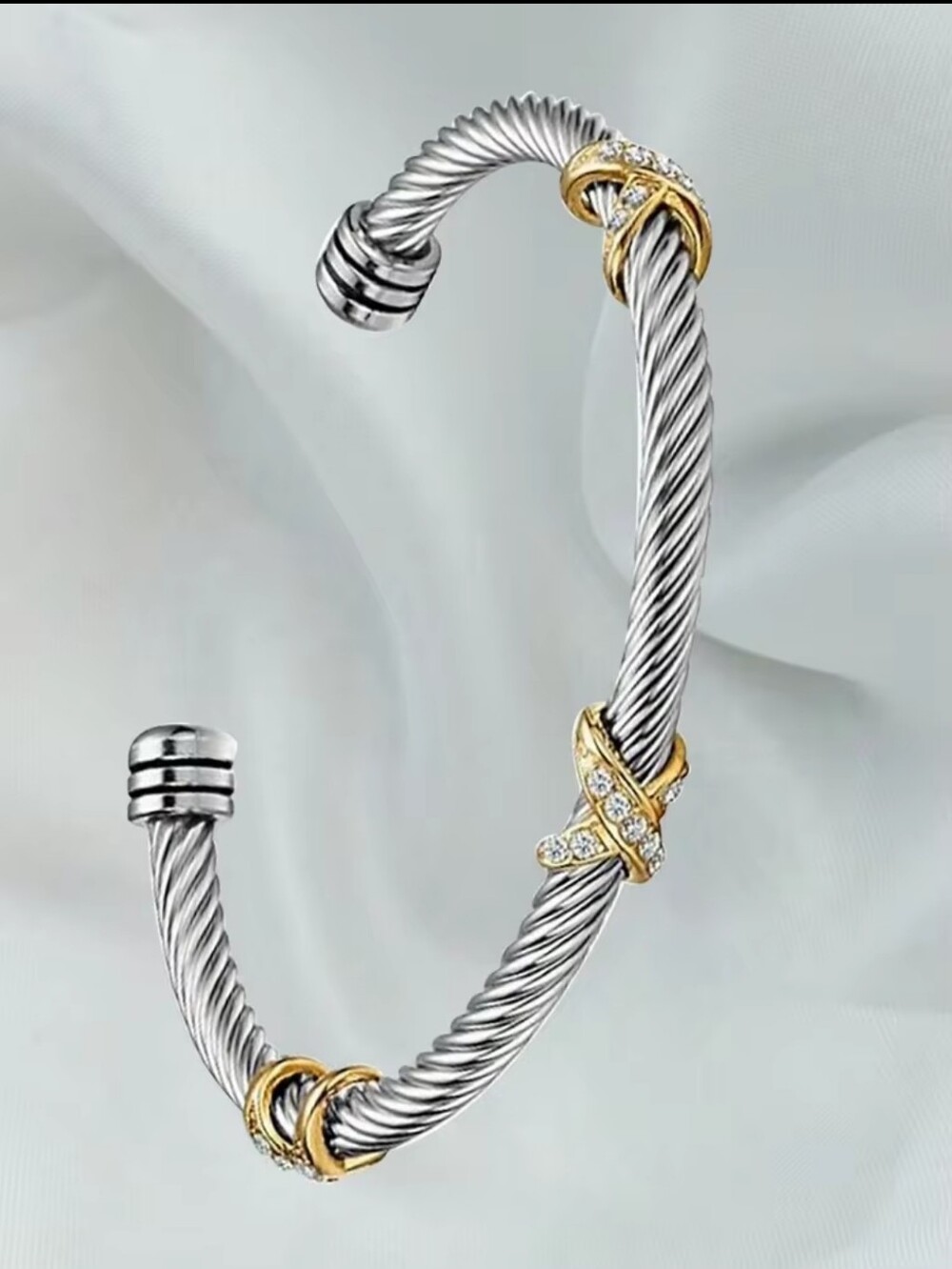 Sterling-Style Silver Cable Cuff Bracelet with Gold Accents and Clear Crystals